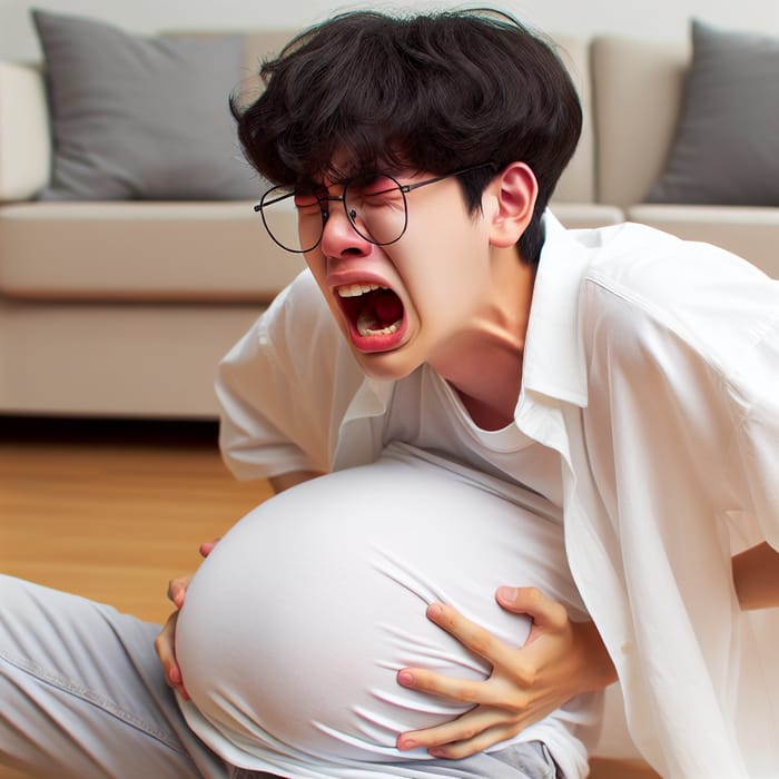 Teenage Korean Boy with 9-Month Pregnant Belly Crying and Pushing in Living Room