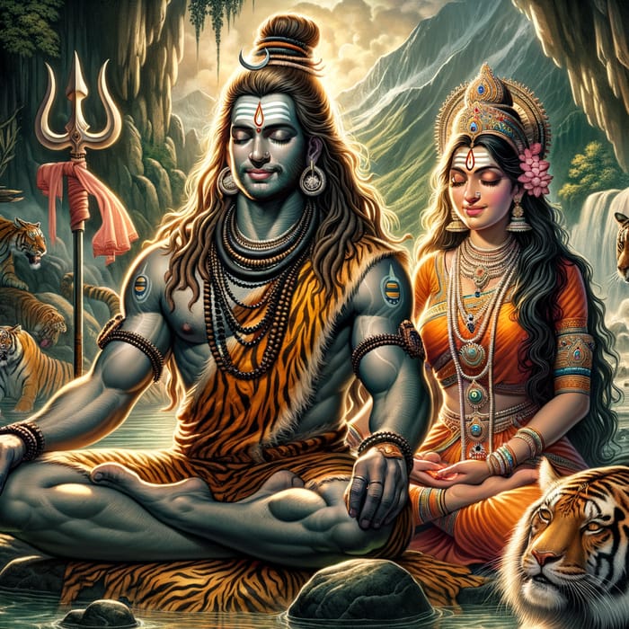 Shiv and Parvati - Divine Hindu Gods in Serene Himalayan Setting