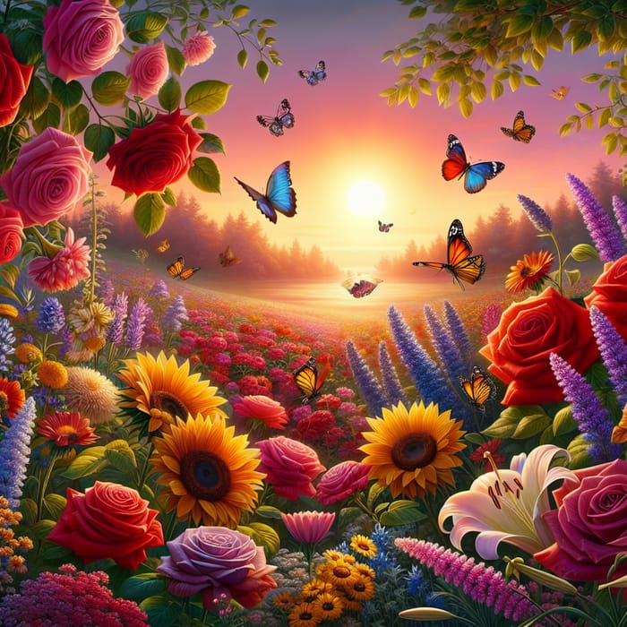 Beautiful Sunset Flower Garden: Roses, Sunflowers, Lavender