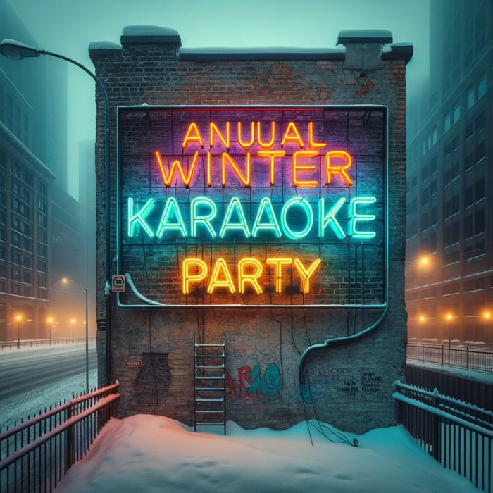 Neon Karaoke Party: Vibrant Winter Scene on Brick Wall