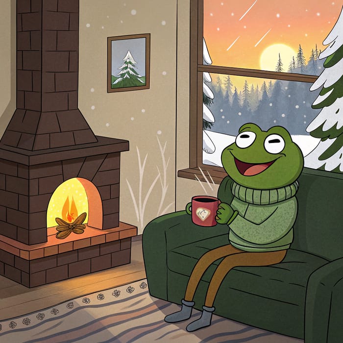 Cozy Pepe the Frog Enjoys a Winter Morning