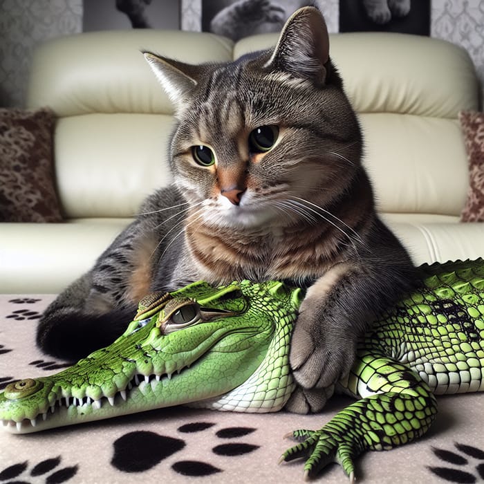 Adorable Cat Cuddles Gentle Crocodile