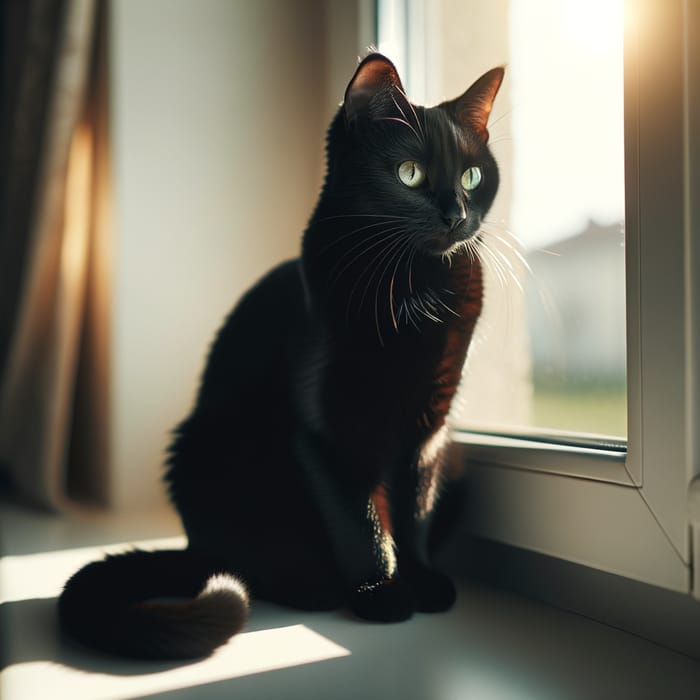 Elegant Black Cat on Sunlit Windowsill | Un Gato Negro