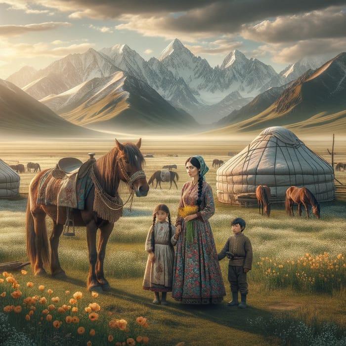 Harmony of Kazakh Steppe: Mountains, Horses, Yurts, and Family Bond