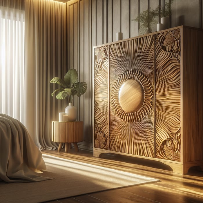 Sun-Inspired Teak Wood Cabinet Furniture for Serene Bedroom Decor