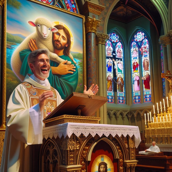 Catholic Priest Celebrating Mass & Smiling Good Shepherd with Sheep