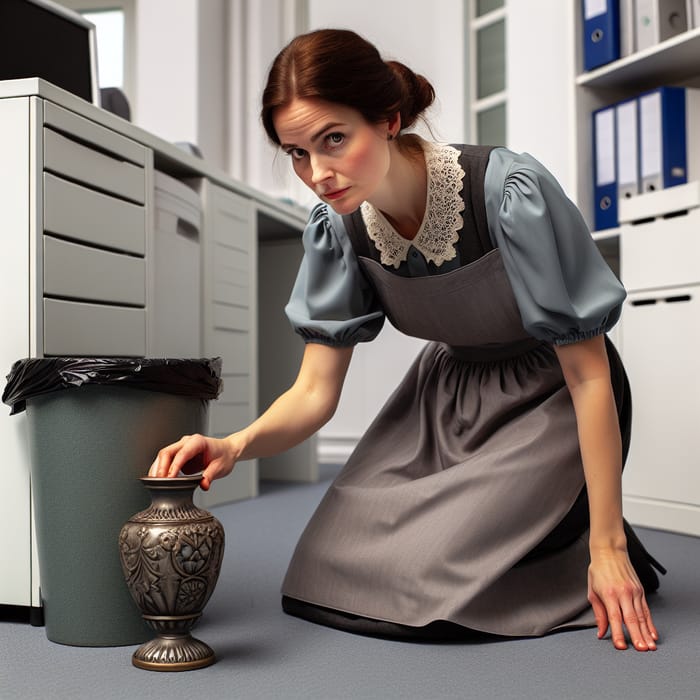 European Cleaning Lady Picks Up Vase | Serious Expression