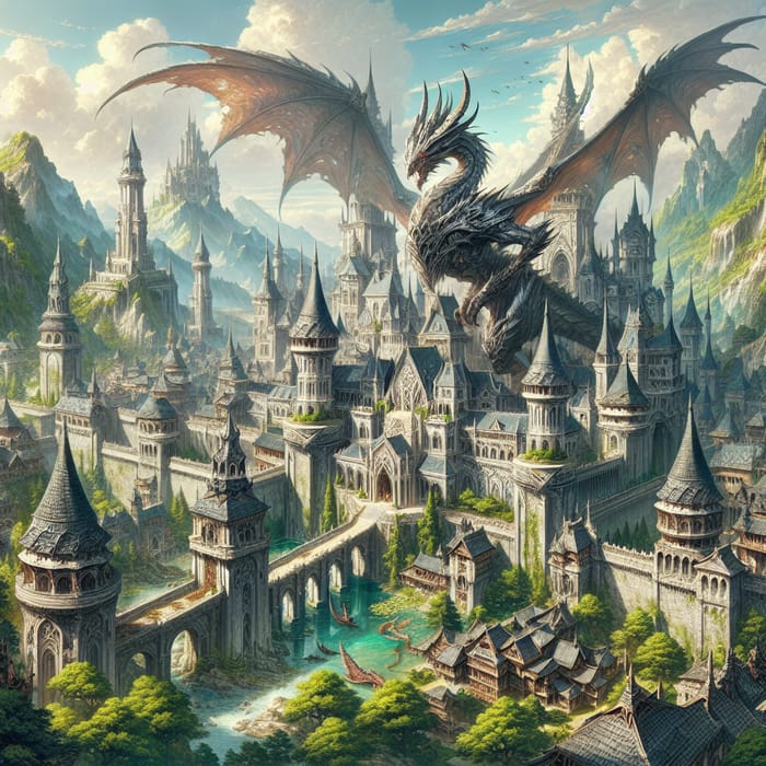 Majestic Kingdom Castle, Forest, and Dragon Fantasy Art