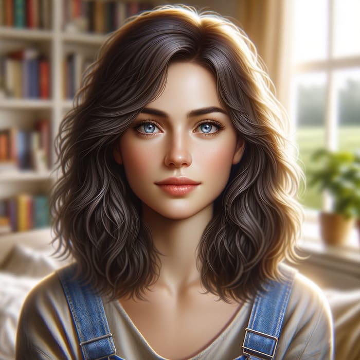 Realistic Portrait of a Woman with Dark Wavy Hair and Blue Eyes