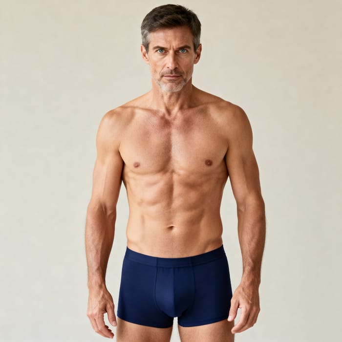 Confident Middle-Aged Man in Navy Boxer Briefs Confident Middle-Aged Man in Navy Boxer Briefs