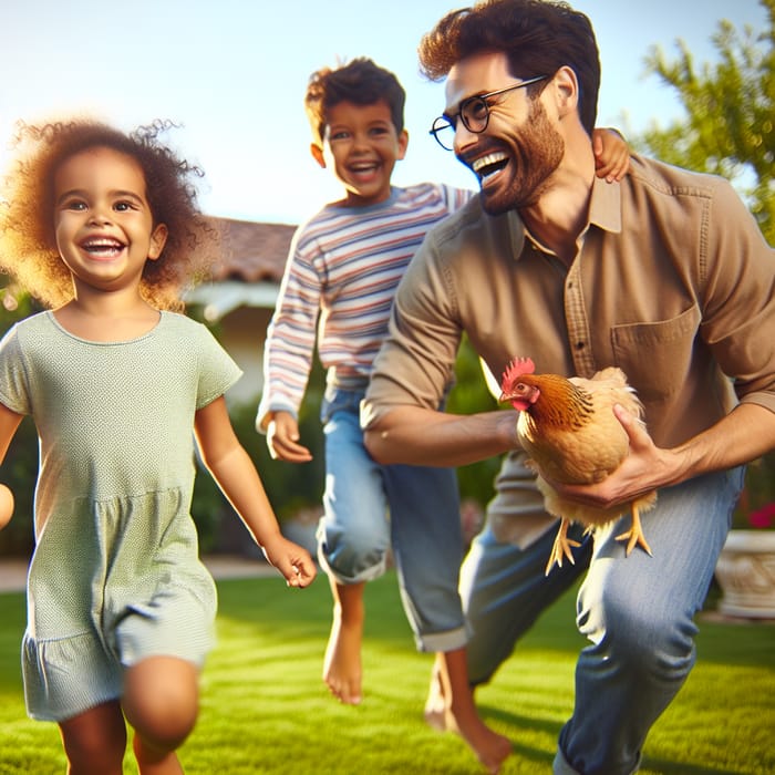 Kids Happily Running to Dad Picking Up An Egg