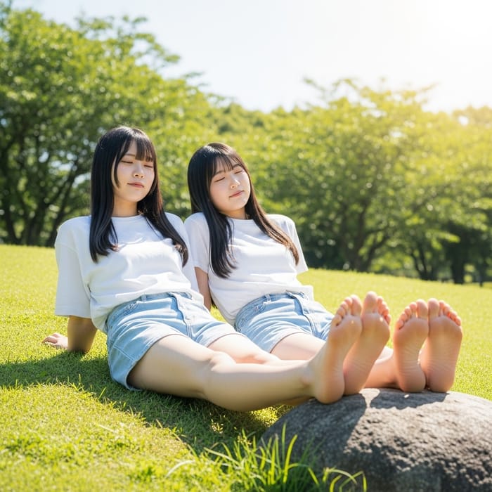 Young Japanese Women Relaxing Outdoors Young Japanese Women Relaxing Outdoors