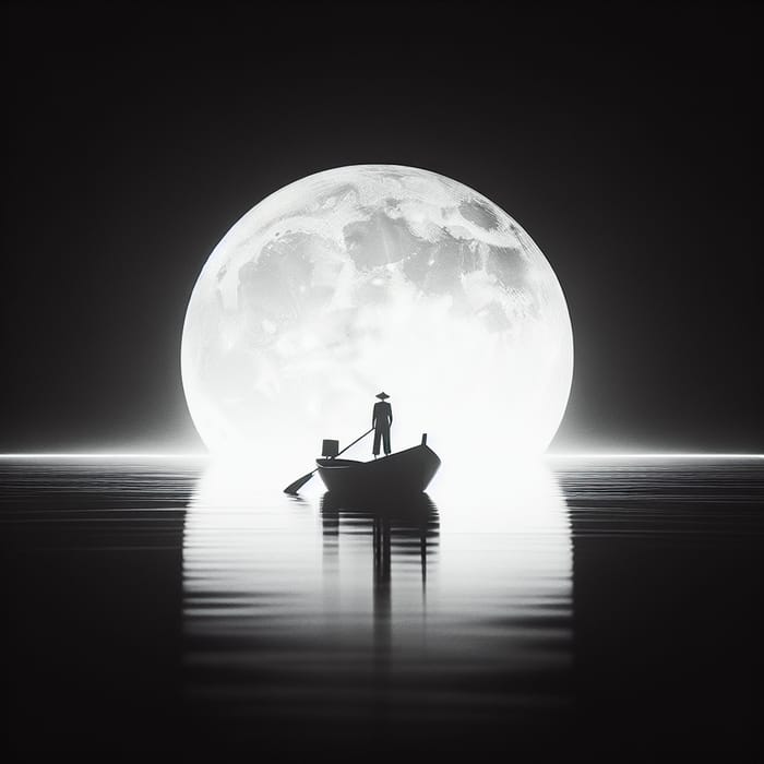 Tranquil High-Contrast Seascape with Solitary Figure under Full Moon