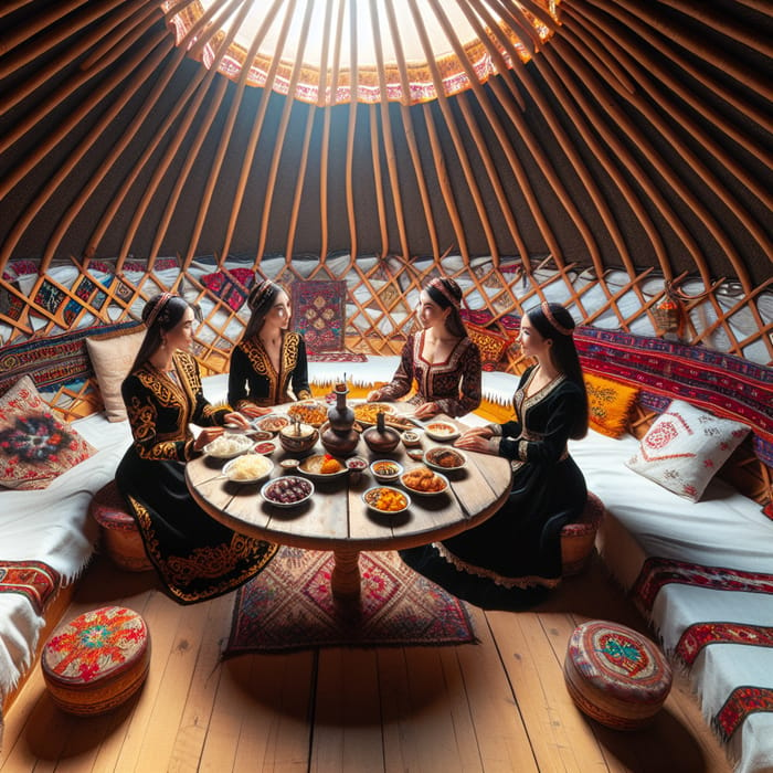 Kazakh Women in Yurt: Cultural Cuisine Gathering