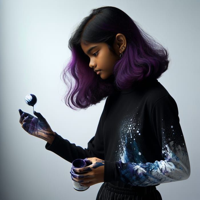 Young Girl with Purple Hair Playing with Colorful Toy