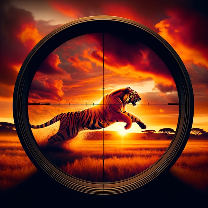 Raw Power of Nature: Vibrant Sunset in Savannah with Intense Tiger Sprint