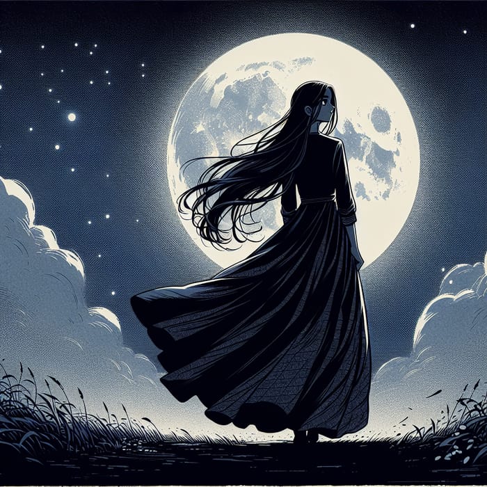 Mysterious Girl in Black Dress | Anime-Style Enigma in Moonlit Sky