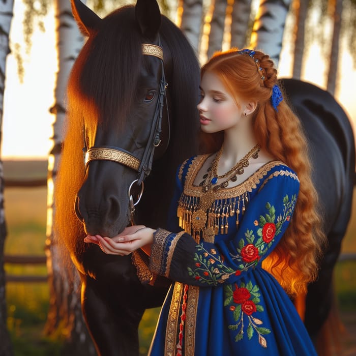 Red Hair Russian Girl with Majestic Black Horse