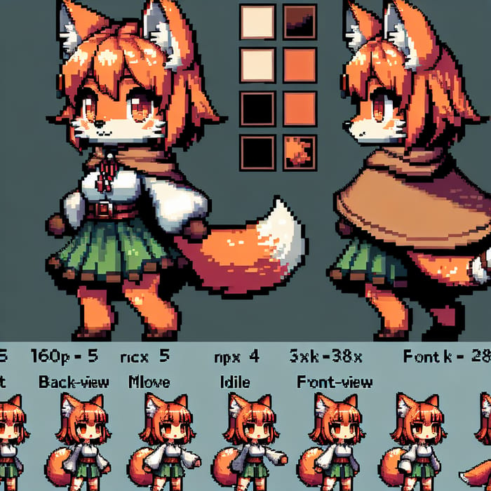 D&D Foxgirl Pixel Art Sprite Sheet: Frames for Side-View, Back-View & Front-View