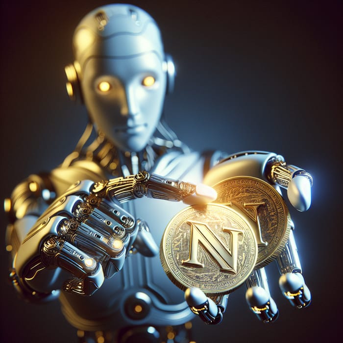 Futuristic AI Robot Holding Golden Coins with 'N' - A Symbol of Innovation