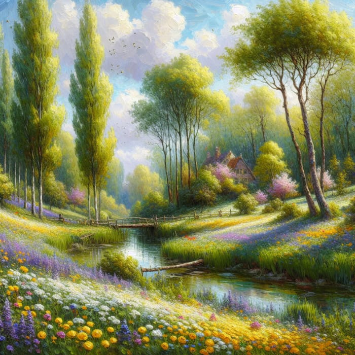 Springtime Impressionism - Tranquil Landscape with Lush Trees & Wildflowers