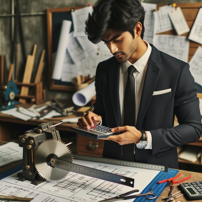 South Asian Male Engineer Calculates Saw Diameter | Drafting Desk Scene