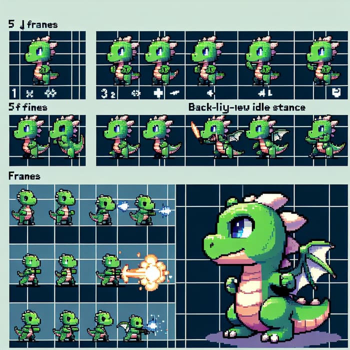 Pixel Art Sprite Sheet for Green Tiny Dragon - D&D-Style Character Design