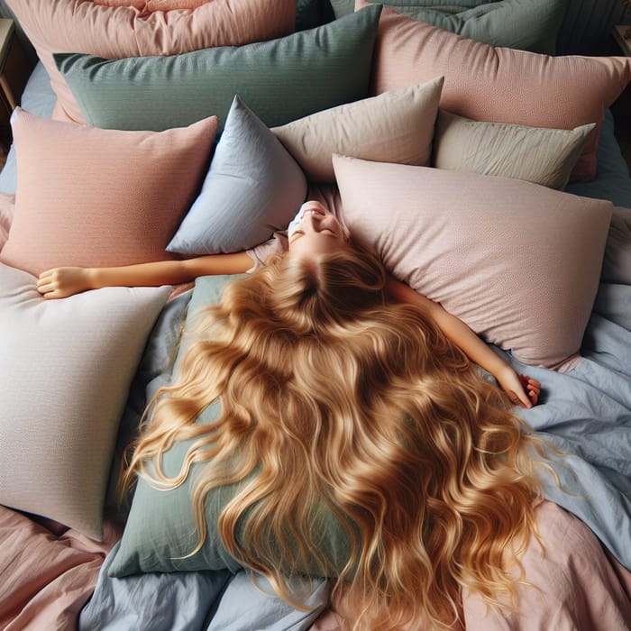 Blond Girl Relaxing on Oversized Bed with Cozy Pillows