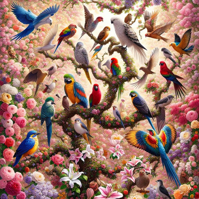 Vibrant Birds Amidst Flowering Trees