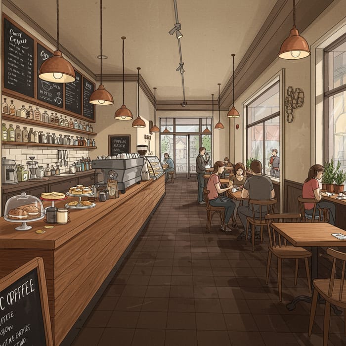 Charming Coffee Shop Interior in One-Point Perspective