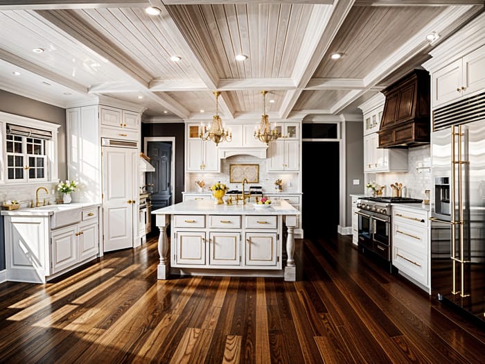 Elegant White Cabinets with Gold Knobs & Wood Island