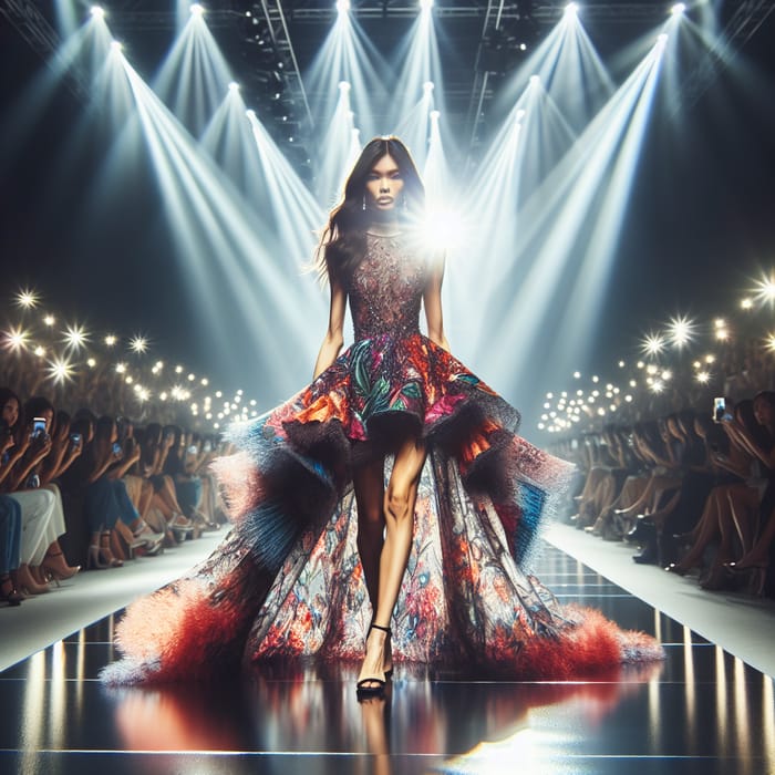 Elegant South-Asian Female Model in Vibrant Cascading Design