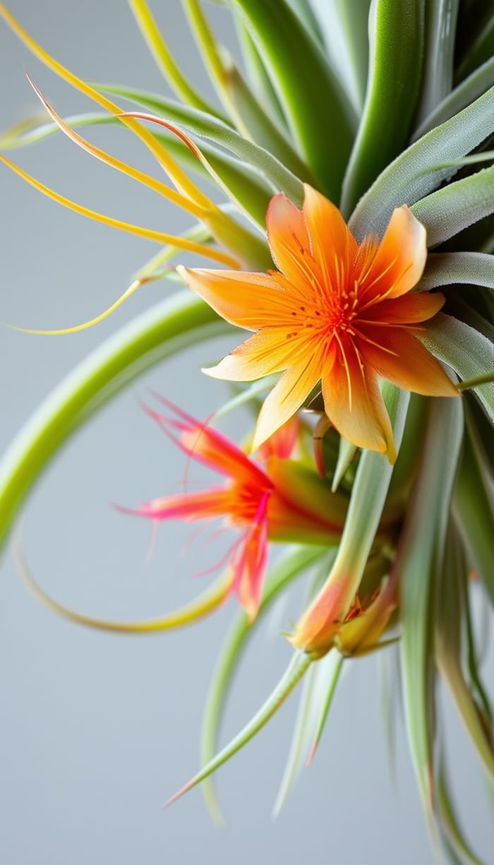 Vibrant Hanging Tillandsia Display: Botanical Illustration Inspired