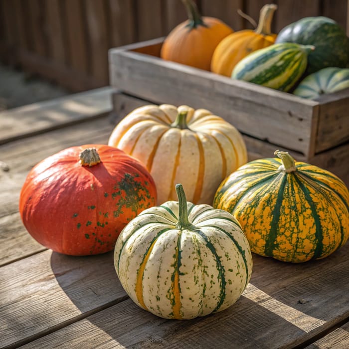 Vibrant Squash Varieties on Rustic Wood Table