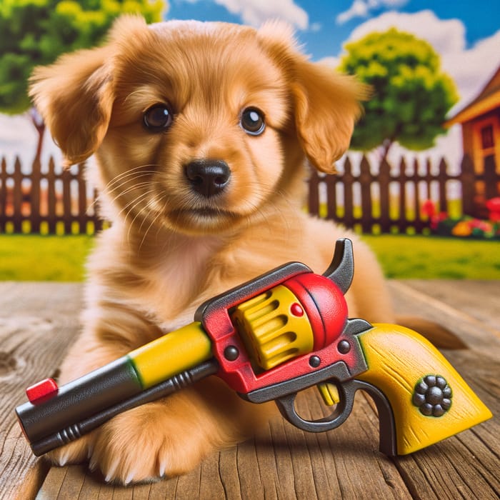 Adorable Puppy Plays with Vintage Pistol Toy