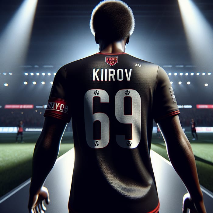 Black Footballer from Team ARES Enters Stadium Field with Jersey Number 69 and Name Kirov