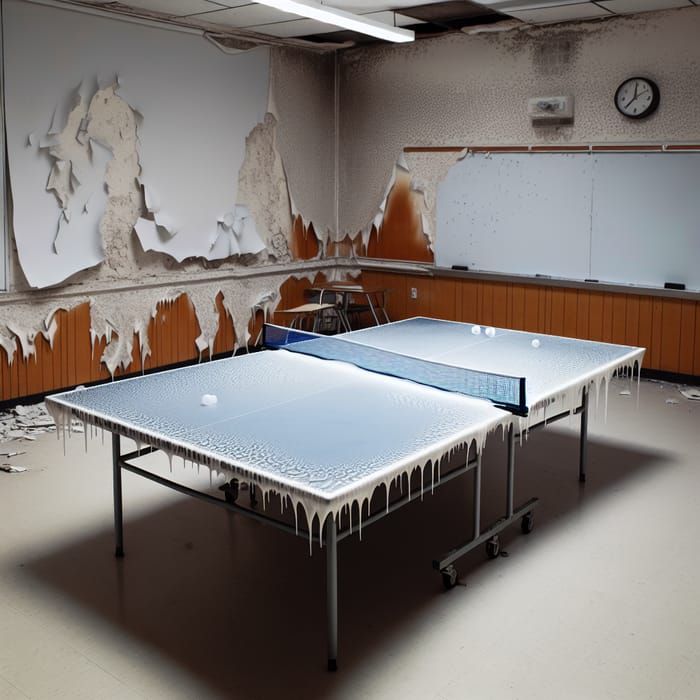 Tragic Ping Pong Table Melting Alone in Deteriorated Classroom