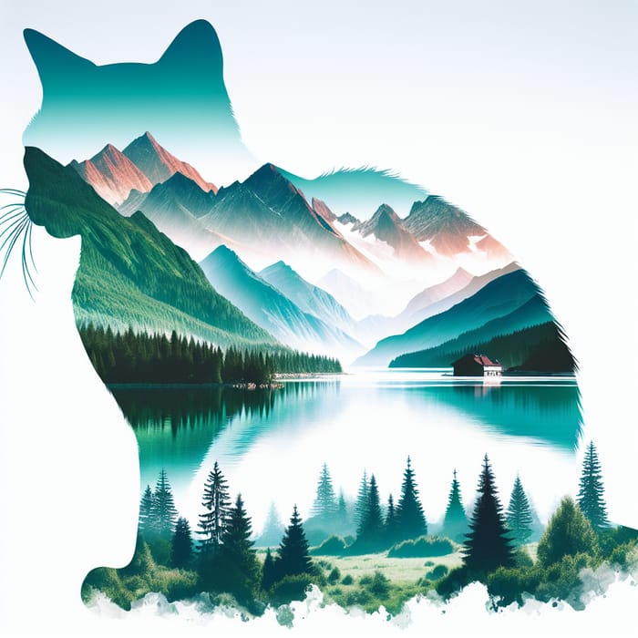 Majestic Cat and Mountain Double Exposure Watercolor Art