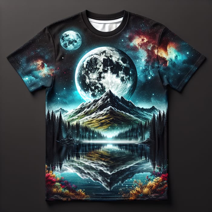 Dark Fantasy Moon & Night Sky T-shirt Design | Mountain Wildlife Scenery