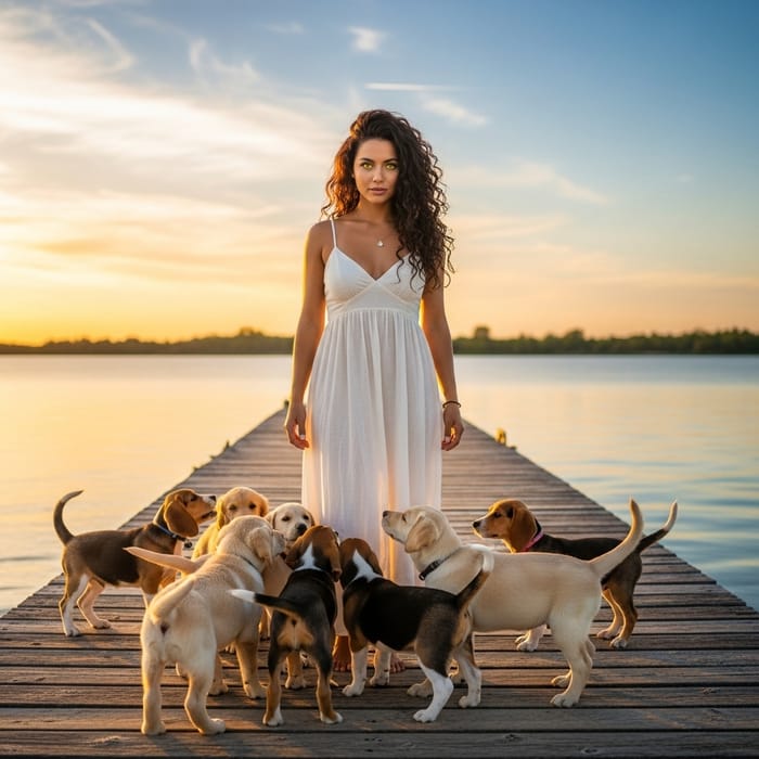Naturally Beautiful Woman on Pier with Puppies Naturally Beautiful Woman on Pier with Puppies