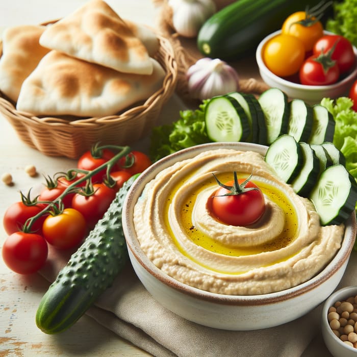 Creamy Hummus on White Plate with Fresh Vegetables & Pita