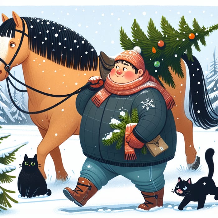 Overweight Teen Leading Horse in Snow with Black Cat and Fir Tree