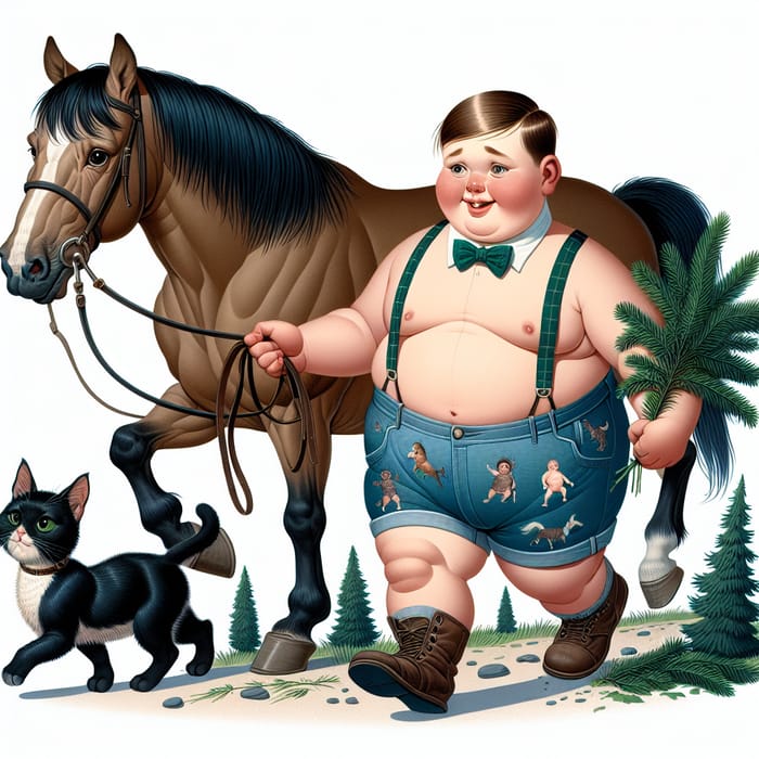 Chubby Teenage Boy Guiding Horse with Cat and Pine Tree in Summer Night