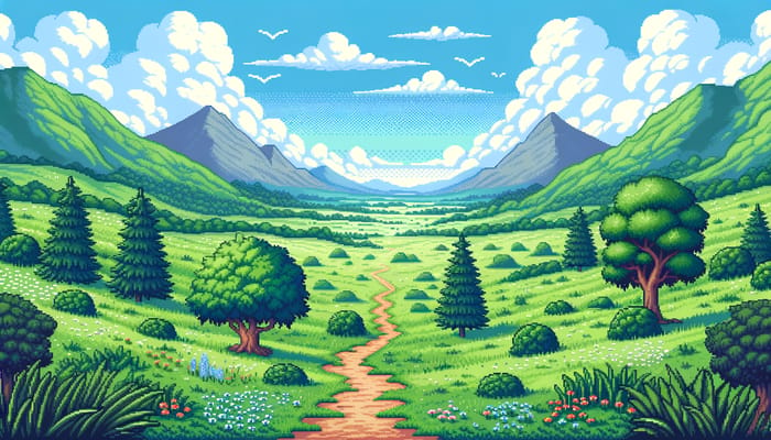 Tranquil Green Pixel Art Meadow Scene | Serene Nature Landscape