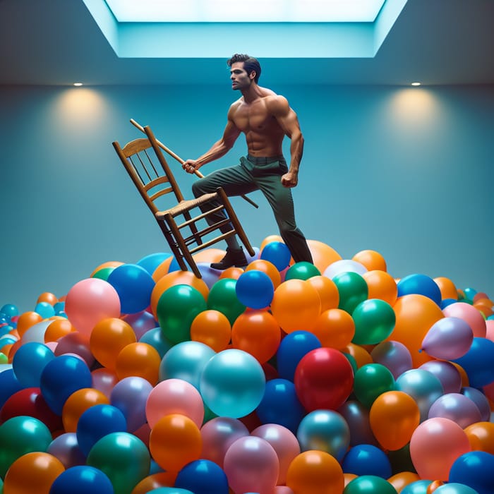 Confident Hispanic Man Popping Colorful Balloons with Chair