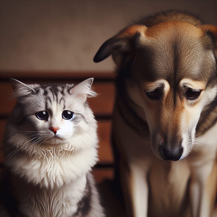 Sad Cat Sitting Near Oblivious Dog - Emotional Domestic Scene