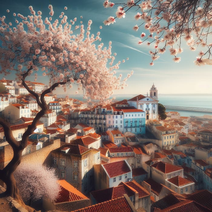 Beautiful Almond Trees in Lisbon Cityscape