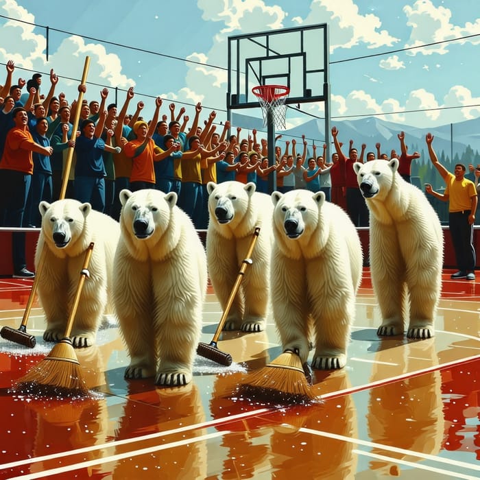 Polar Bears Cleaning Basketball Court - Cheerful Scene