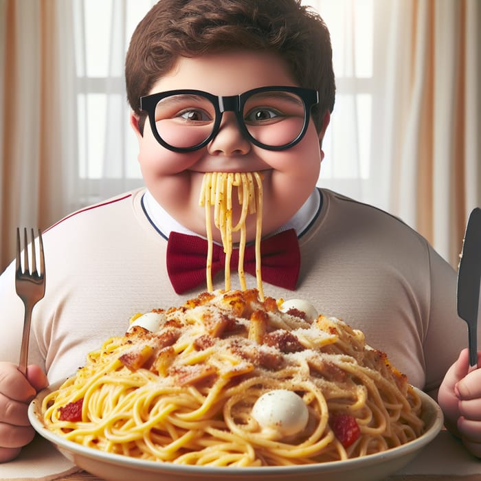 Chubby Boy with Nerd Glasses Enjoying Carbonara