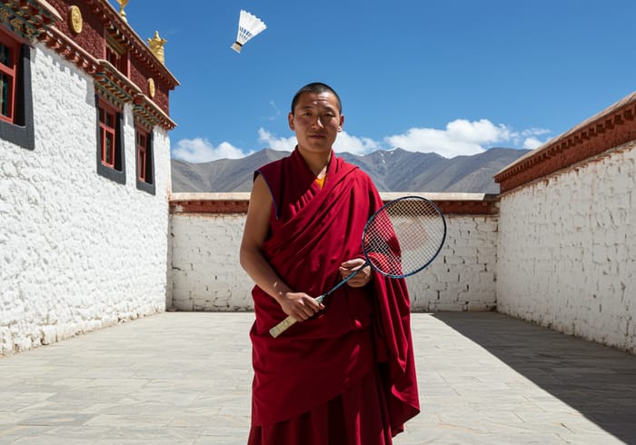 Tibetan Monk Playing Badminton